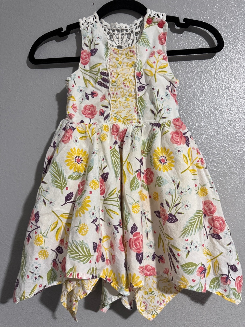 Artisan Ny White Floral Handkerchief Hem Dress with Pink, Yellow & Green Accents
